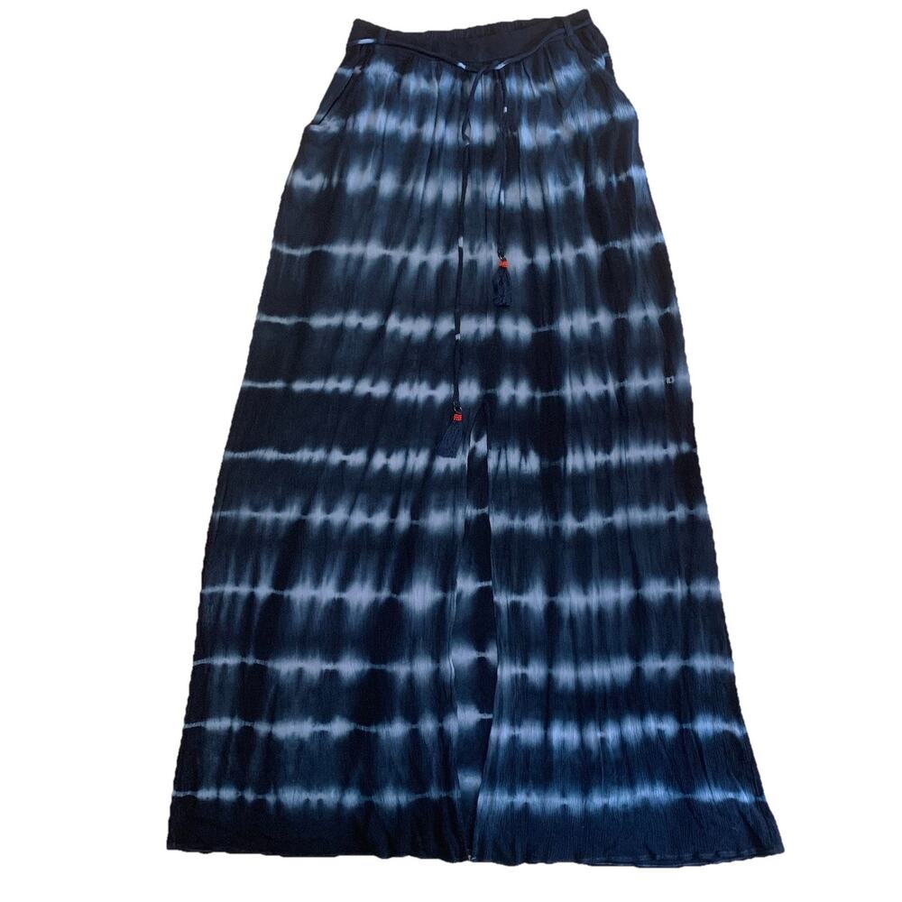Miss Me Women’s Sz S Boho Tie Dye Maxi Skirt Blue Viscose Flowy Tassel Waist Tie